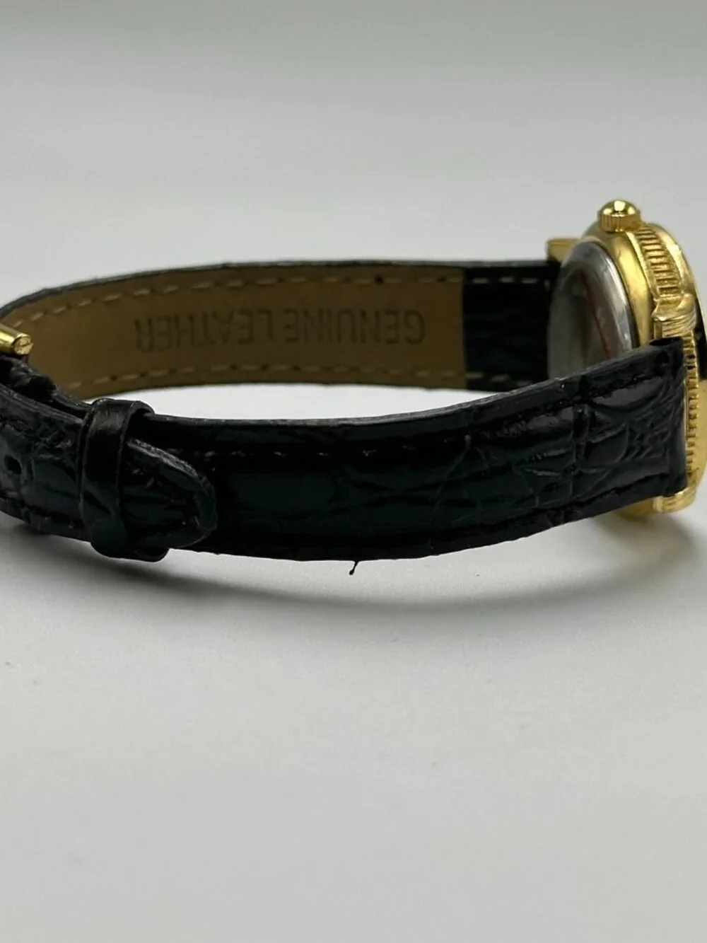 Helbros Watch Women Gold Tone Small 24MM Round Dial Black Band New Battery 8